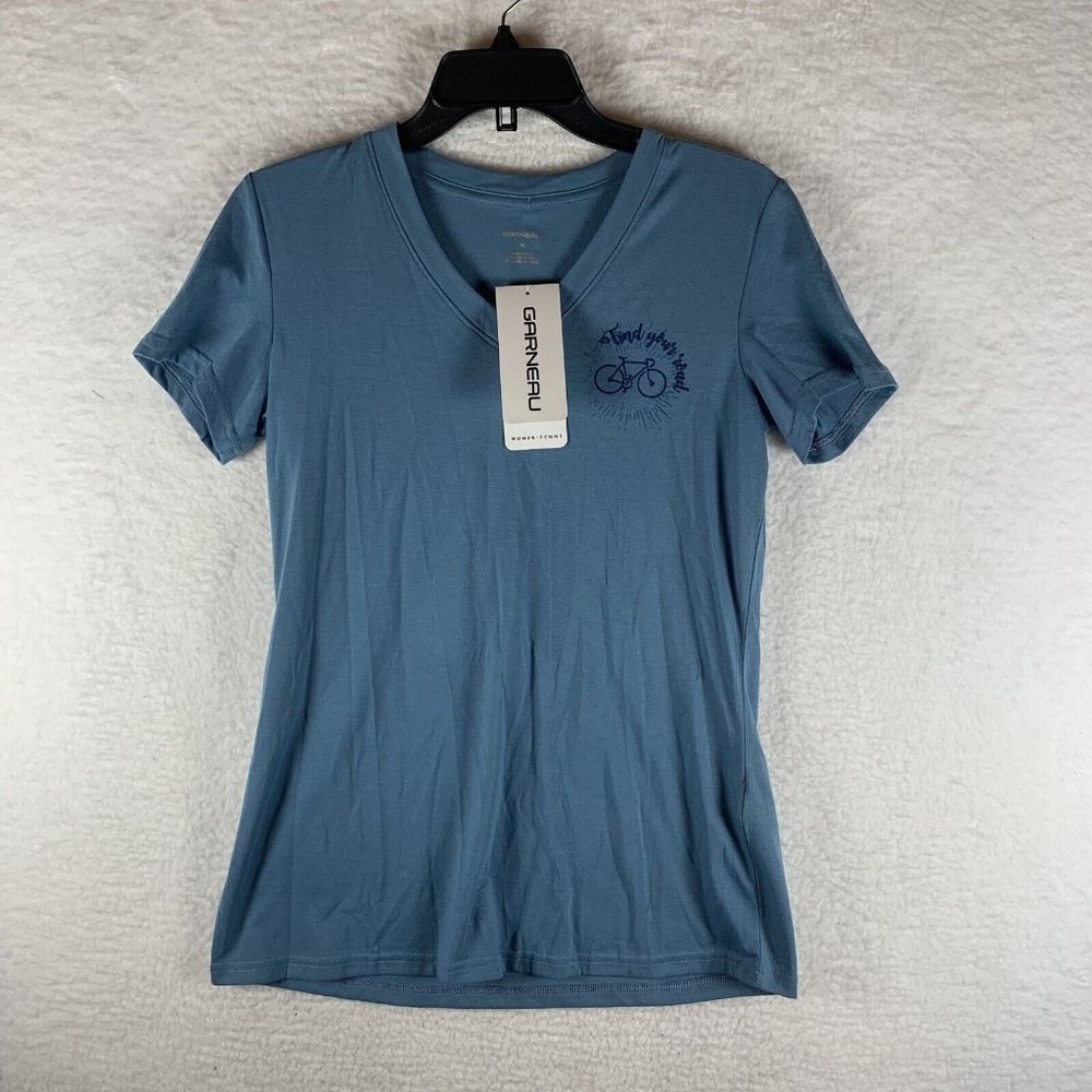 Louis Garneau T-Shirt Women's Medium Blue Bike Find Your Good V-Neck 6888